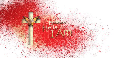 Graphische Gestaltung des biblischen Konzepts des Namens Gottes. Roter Blutspritzer stellt das Opferblut Jesu dar, das für die Sünde am Kreuz vergossen wurde. Schmetterling steht für wiedergeborene christliche Gerechtigkeit. Zu Ostern, Heil und verwandten Themen des Evangeliums