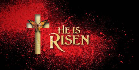Graphic design of Biblical concept of Resurrection of Jesus Christ at the cross. Red splatter represents his sacrificial blood for sin. Butterfly represents his victory over death and born again righteousness. For Easter and salvation themes