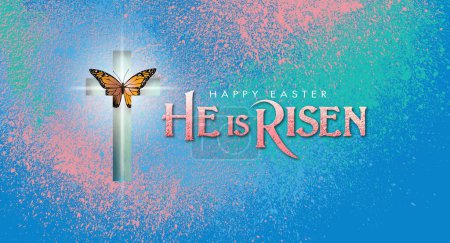 Graphic art design with message of Happy Easter and announcement that Jesus Christ, is Risen after death on the cross. Pastel colored bloodlike splatter represents Jesus sacrificial blood. Butterfly signifies New Life. For Easter, salvation themes