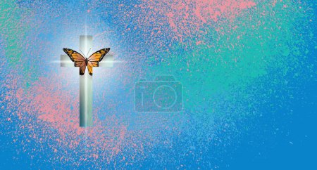 Graphic art design intended to celebrate Easter and the fact that Jesus Christ, conquered death and sin at the cross. Pastel colored bloodlike splatter represents His sacrificial blood. Butterfly signifies New Life. For Easter, salvation themes. 