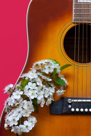 Photo for Acoustic guitar with beautiful apple tree blossoms on trendy  Viva Magenta color of the year 2023 background. - Royalty Free Image