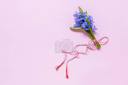 Foto de Fresh beautiful bouquet of the first spring forest bluebell, mercury, snowdrops flowers with red white cord martisor - traditional symbol of the first spring day on pink background - Imagen libre de derechos