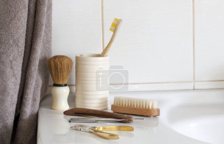 Photo for Male self-care accessories on the Blurred bathroom background - Royalty Free Image