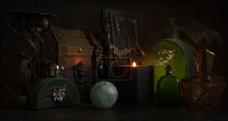 Photo for Still life with various glass bottles, roun - Royalty Free Image