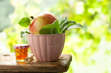 Photo for Apple and honey. Concept for Rosh Hashanah the Jewish New Year. Close up on green outdoor natural  background. - Royalty Free Image