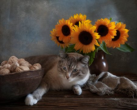 Téléchargez les photos : Gros beaux yeux bleus chat domestique et fleurs de suif. Style vintage nature morte. - en image libre de droit