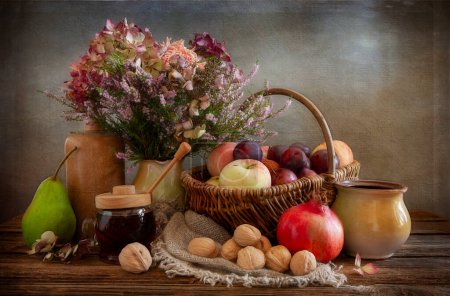 Photo for Still life with fruits, nuts and honey in vintage style. - Royalty Free Image