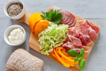 Photo for Ingredients for cooking trending food italian chopped sandwich - Royalty Free Image
