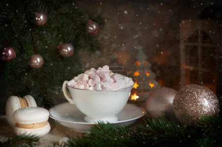Photo for Festive Christmas New Year still life composition hot drink mug with marshmallow, french macaroon, macaron - Royalty Free Image