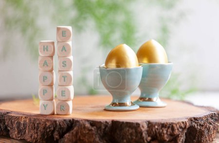Happy Easter congratulations on  diffused festive eggs background