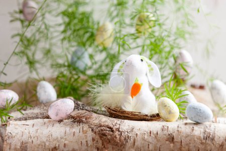 Feliz Pascua decoración blanca lindo banny y huevos de Pascua 