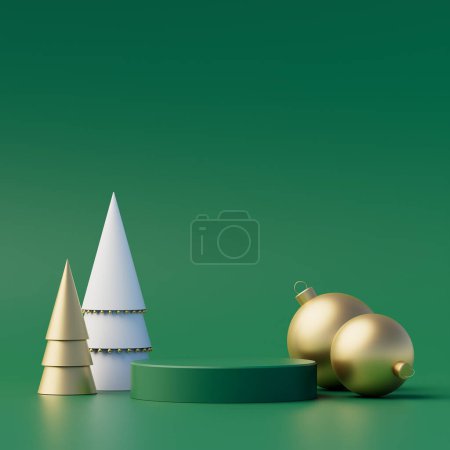 Photo for Christmas background concept with 3d podium for product presentation. Green and gold geometric object on green background. 3d illustration. - Royalty Free Image