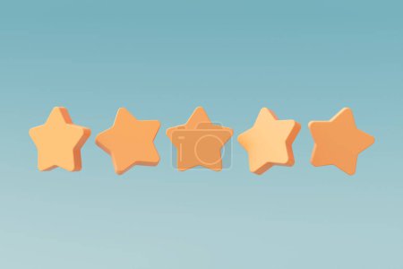 3d-Symbol fünf Sterne isolieren auf blauem Hintergrund, Social Media, Bewertung und Bewertungskonzept. 3D-Illustration