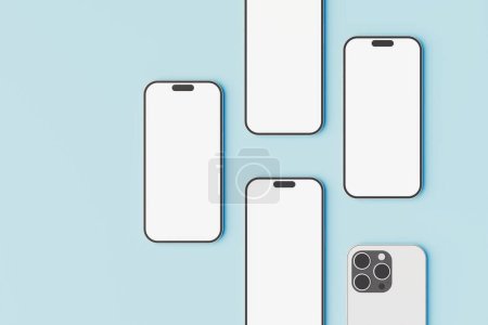 Téléchargez les photos : Minimalistic isometric concept smartphone mockup on blue background. 3D Rendering - en image libre de droit
