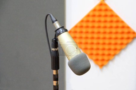 Téléchargez les photos : Microphone et panneaux acoustiques pour enregistrer des podcasts diffusés à la radio ou en ligne. Entrevues, analyse, conversations - en image libre de droit