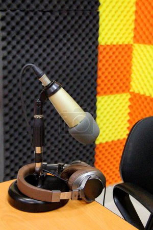 Téléchargez les photos : Microphone et panneaux acoustiques pour enregistrer des podcasts diffusés à la radio ou en ligne. Entrevues, analyse, conversations - en image libre de droit