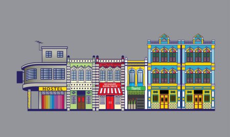 Colorida tienda de estilo colonial histórico alberga la calle. Vector, con fondo de color liso.