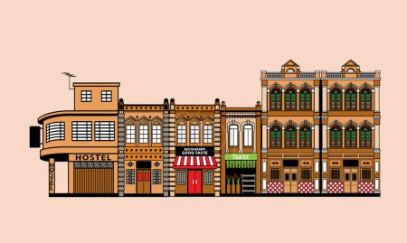 Historical colonial style shop houses street in nostlagia colour scheme.  Vector, with plain colour background.
