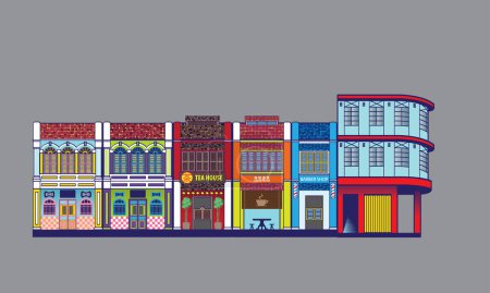 Colorida tienda de estilo colonial histórico alberga la calle. Vector, con fondo liso. Palabras chinas que significan (desde la izquierda): té, cafetería.
