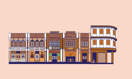 Histórica tienda de estilo colonial alberga calle en esquema de color nostlagia. Vector, con fondo liso. Palabras chinas que significan (desde la izquierda): té, cafetería.