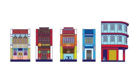 Maisons isolées de style colonial historique dans une palette de couleurs nostlagia. Vecteur, avec fond de couleur unie. Mots chinois signifiant (de gauche à droite) : thé, café.