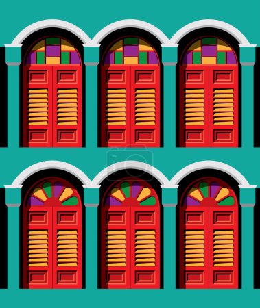 Coloré style colonial historique double étages vitrines de la maison de magasin. Avec un effet d'éclairage à contraste élevé. Vecteur.