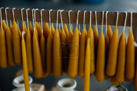 Wax conical (table) candles made of beeswax hang on ropes