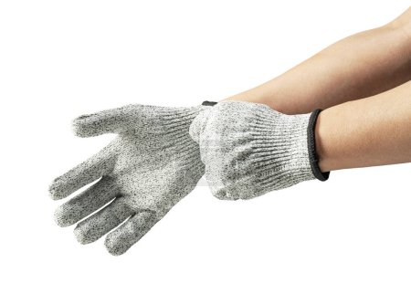 Photo for Male hand wearing knife-proof gloves on white background. - Royalty Free Image