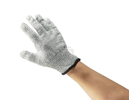 Male hand wearing knife-proof gloves on white background.