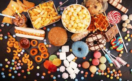 Photo for Unhealthy products. food bad for figure, skin, heart and teeth. Assortment of fast carbohydrates food. - Royalty Free Image