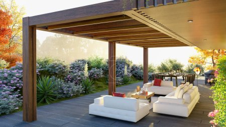 Téléchargez les photos : Illustration 3D de pergola extérieure en bois de teck de luxe sur un porche privé. Décor canapé, barbecue, et une table avec vue sur le jardin. - en image libre de droit