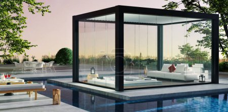 3D illustration of a bioclimatic pergola on a private outdoor terrace. Side view of black iron framed pergola with glass blades, jacuzzi and sofa. Surrounded by swimming pool and vegetation.