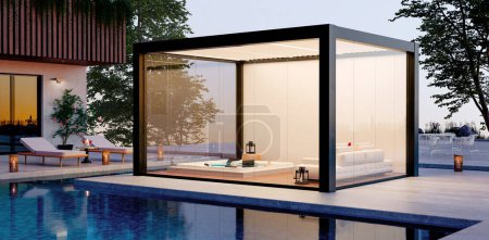 Foto de 3D illustration of a bioclimatic pergola on a private outdoor patio at dusk. Black steel framed pergola with glass blades, jacuzzi and sofa surrounded by swimming pool. - Imagen libre de derechos