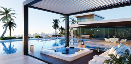 Illustration 3D de pergola bioclimatique avec jacuzzi à côté de la piscine. Maison moderne avec mobilier de décoration et palmiers.
