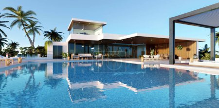 3D illustration of luxurious decor house with huge swimming pool and biocimlatic pergola. Front view of villa with palm trees and whirlpool. 