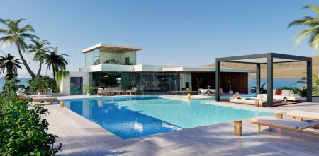 3D Illustration einer modernen Luxusvilla am Meer. Privates Haus mit Schwimmbad, Pergola und Whirlpool.