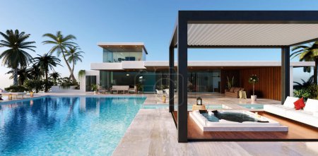 Téléchargez les photos : 3D rendu Vue de face de villa de luxe moderne avec piscine. Pergola bioclimatique avec jacuzzi sur terrasse en bois. - en image libre de droit