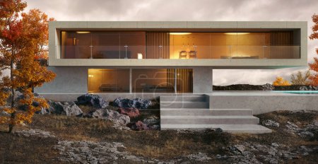Téléchargez les photos : Illustration 3D de maison luxueuse avec construction en béton. Villa minimaliste avec grandes fenêtres et piscine entourée d'arbres et de végétation d'automne orange et rougeâtre. - en image libre de droit