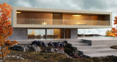 Téléchargez les photos : Illustration 3D de maison luxueuse avec construction en béton. Villa minimaliste avec grandes fenêtres et piscine entourée d'arbres et de végétation d'automne orange et rougeâtre. - en image libre de droit