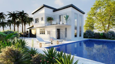 Foto de Ilustración 3D de la casa de diseño de lujo con piscina, terraza y exuberante jardín verde. - Imagen libre de derechos