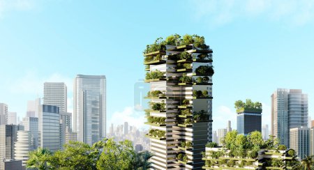 Foto de Representación 3D de rascacielos corporativos modernos con crecimiento vertical de plantas. Ecoedificios verdes conceptuales con una ciudad moderna en el fondo. - Imagen libre de derechos