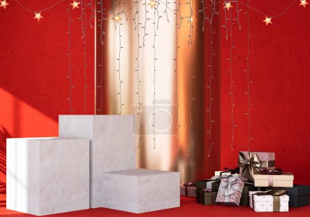Foto de Feliz Año Nuevo en blanco poduim de soporte de producto con caja de regalo y decorar árbol de Navidad de oro para las presentaciones. Ilustración de representación 3D. - Imagen libre de derechos