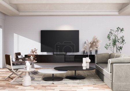 Photo for Mock up smart TV in modern interior fully furnished rooms background, living room, Scandinavian nordic style, for text message or content. 3D rendering,  3D Illustration - Royalty Free Image
