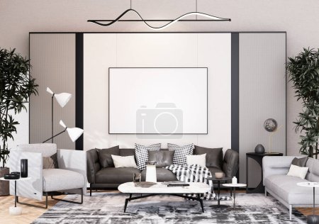 Photo for Mock up poster frame in modern interior fully furnished rooms background, living room, Scandinavian nordic style, for text message or content. 3D rendering,  3D Illustration - Royalty Free Image