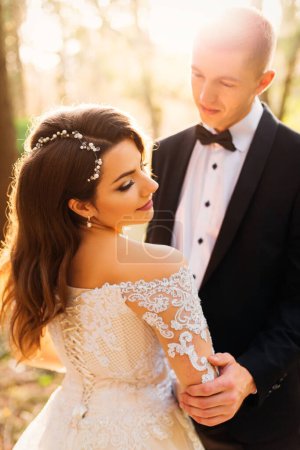 Téléchargez les photos : Mariée dans une belle robe avec une dentelle. vue arrière. le marié en costume regarde la mariée dans le parc - en image libre de droit