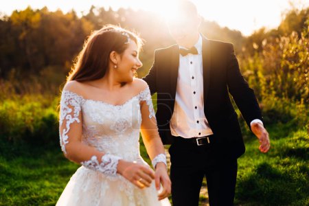 Téléchargez les photos : Gros plan des nouveaux mariés s'embrassant et un sourire. lumière du soleil, nature - en image libre de droit