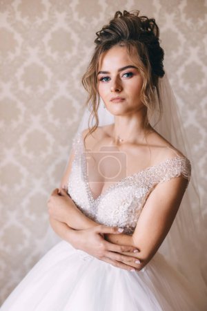 Téléchargez les photos : Belle fille dans une robe de mariée blanche et avec un voile tôt avant la cérémonie. - en image libre de droit
