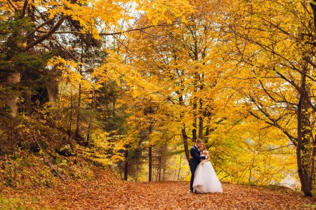 Téléchargez les photos : Une famille heureuse, un homme et une femme en beaux vêtements de vacances se promènent dans le parc d'automne, étreignant - en image libre de droit