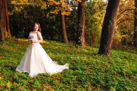 Téléchargez les photos : Belle mariée dans une robe chic dans le parc d'automne - en image libre de droit