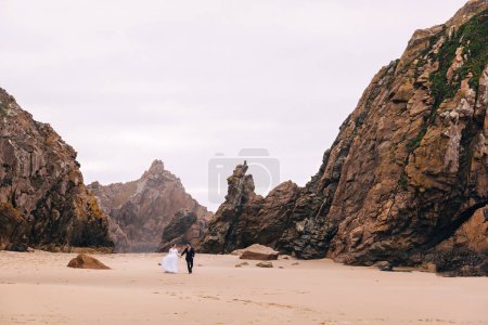 Téléchargez les photos : Vue arrière des jeunes mariés se tiennent la main et marchent sur le sable et sur tous les côtés rochers de pierre
. - en image libre de droit